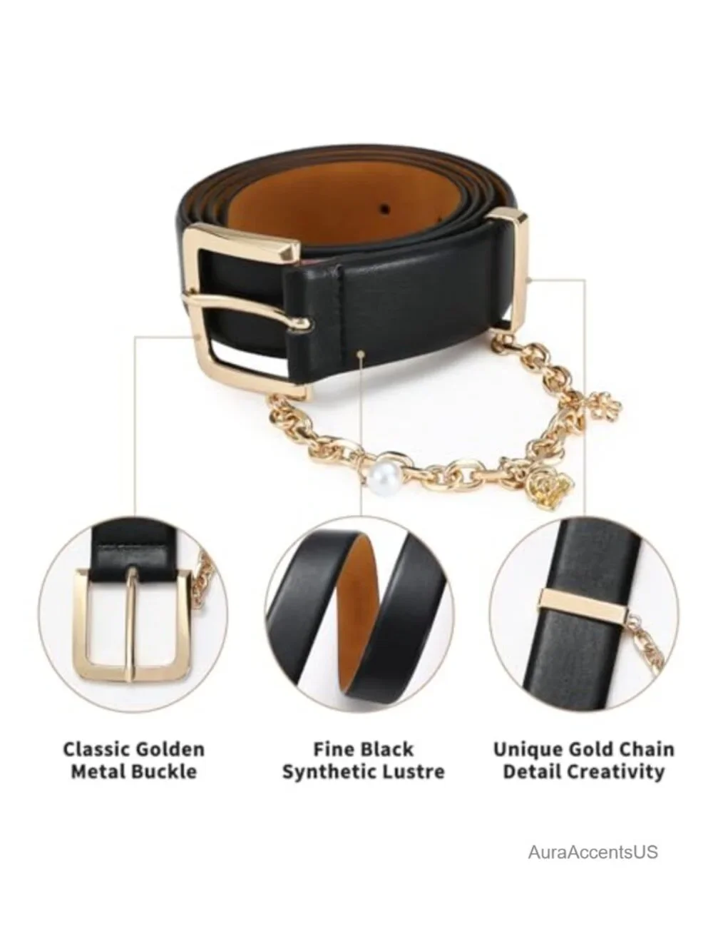 Faux Leather Belt with Gold Buckle and Chain for Women